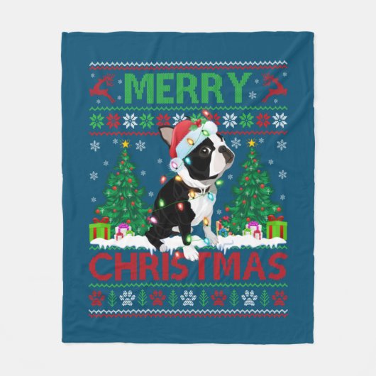 Merry KerstLighting Ugly Boston Terrier Chris Fleece Deken (Voorkant)
