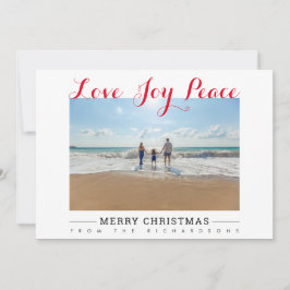 Merry KerstLove Joy Peace Typografie Foto Feestdagenkaart