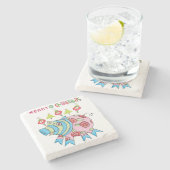 Merry kerstmarble Stone Onderzetter, Roze Pig Stenen Onderzetter (Zijkant)