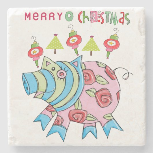 Merry kerstmarble Stone Onderzetter, Roze Pig Stenen Onderzetter (Voorkant)
