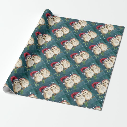 Merry-Kerstmas Owls Cadeaupapier (Uitgerold)