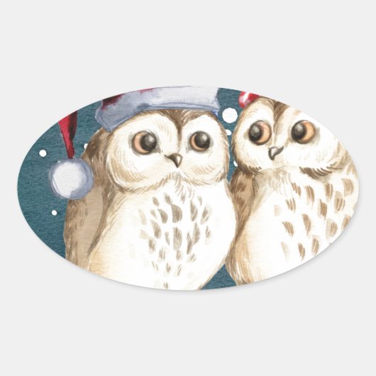 Merry-Kerstmas Owls Ovale Sticker (Voorkant)