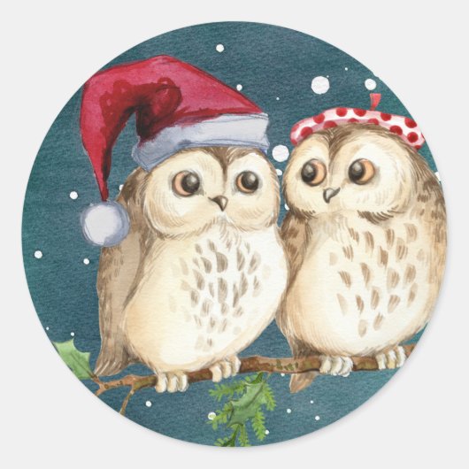 Merry-Kerstmas Owls Ronde Sticker (Voorkant)