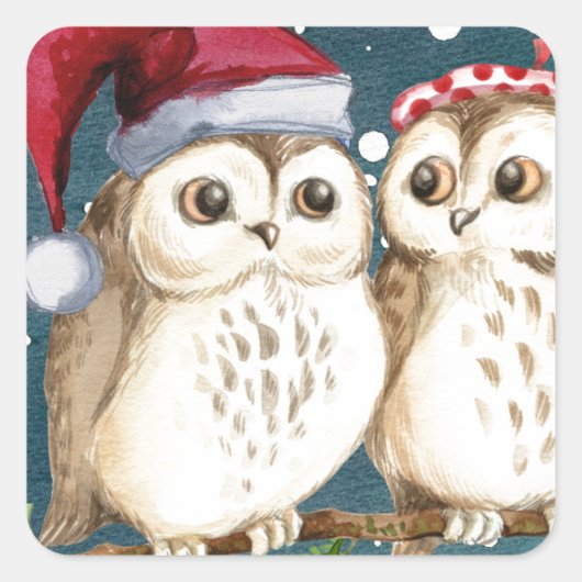 Merry-Kerstmas Owls Vierkante Sticker (Voorkant)