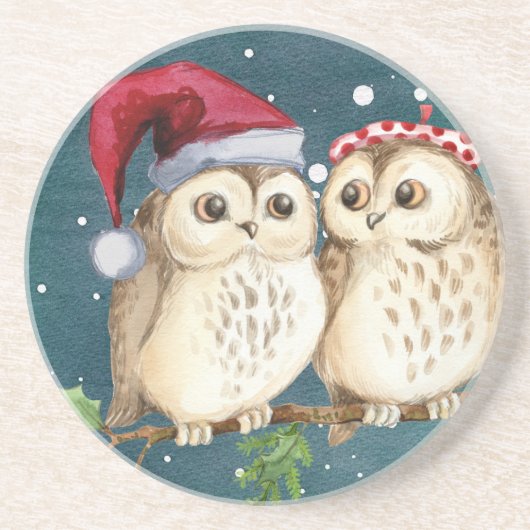 Merry-Kerstmas Owls Zandsteen Onderzetter (Voorkant)