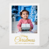 Merry Kerstmis 2 foto's elegant script gold Folie Feestdagenkaart (Voorkant)