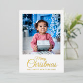 Merry Kerstmis 2 foto's elegant script gold Folie Feestdagenkaart (Staand Voorkant)