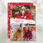 Merry Kerstmis 3 Foto Collage Feestdagenkaart<br><div class="desc">Op de kerstkaarten met meerdere foto's is er vrolijk kerstfeest in het teken op de sneeuw in het midden. Upload enkel drie foto's en voeg uw familiegroet en namen op de rug toe. *VERANDERT de kleur op de rug met ons het Uitgeven Hulpmiddel. Selecteer High Definition voor de beste fotokwaliteit....</div>