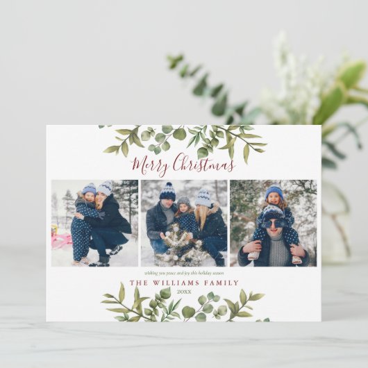 Merry Kerstmis 3 Foto Greenery Burgundy Feestdagenkaart (Staand voorkant)