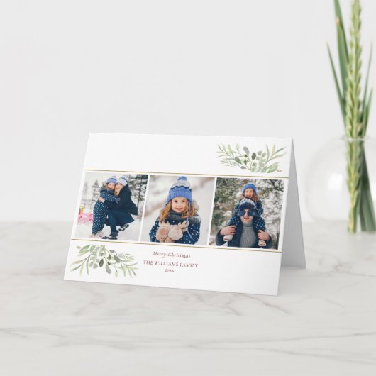 Merry Kerstmis 3 Foto Greenery Modern Feestdagen Kaart (Voorkant)