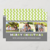 Merry Kerstmis 3 Fotokaart Gray Green Chevron Feestdagenkaart (Voorkant / Achterkant)