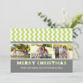 Merry Kerstmis 3 Fotokaart Gray Green Chevron Feestdagenkaart (Staand voorkant)
