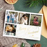 Merry Kerstmis 4 foto collage elegant script Feestdagenkaart<br><div class="desc">Elegant stijlvol Merry kerstnamefaux gouden klassiek kalligrafiescript vier vierkante familiefoto's eenvoudige witte feestkaart met aan beide zijden aangepaste tekst. GELIEVE OPMERKING TE MAKEN dat de achtergrondkleur bewerkbaar is. U kunt het veranderen nadat u de optie AANPASSEN onder het PERSONALIZE IT-menu hebt geselecteerd. Als u zich niet gemakkelijk voelt veranderend het,...</div>