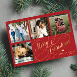 Merry Kerstmis 4 foto collage elegant script Feestdagenkaart<br><div class="desc">Elegant stijlvol Merry kerstnamefaux gouden klassiek kalligrafiescript met vier vierkante familiefoto's eenvoudige rode feestkaart met aan beide zijden aangepaste tekst. GELIEVE OPMERKING TE MAKEN dat de achtergrondkleur bewerkbaar is. U kunt het veranderen nadat u de optie AANPASSEN onder het PERSONALIZE IT-menu hebt geselecteerd. Als u zich niet gemakkelijk voelt veranderend...</div>