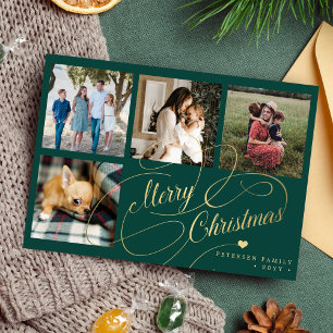 Merry Kerstmis 4 foto collage elegant script Feestdagenkaart