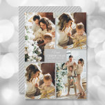 Merry Kerstmis 4 Foto Collage Feestdagenkaart<br><div class="desc">Uw achternaam en de groet Zacht Kerstmis en Gelukkig Nieuwjaar in het kroonschrift op zilvergrijs met uw favoriete vier fotocollage op de voorkant en uw voornamen op de achterkant van deze vakantiekaarten. MEER KLEUREN in onze winkel. De Live Design Service kan u indien nodig helpen met de lay-out van uw...</div>