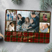Merry Kerstmis 5 foto's elegant script red plaid Folie Feestdagenkaart