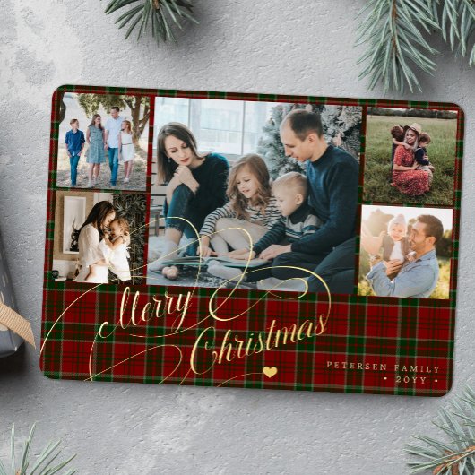 Merry Kerstmis 5 foto's elegant script red plaid Folie Feestdagenkaart