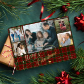 Merry Kerstmis 5 foto's elegant script red plaid Folie Feestdagenkaart