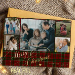 Merry Kerstmis 5 foto's elegant script red plaid Folie Feestdagenkaart<br><div class="desc">Elegant stijlvol Merry Real Gold folie klassiek kalligrafiescript met vijf familiefoto's rode groene vleid tartan rustic luxe vakantie kaart met uw aangepaste,  gepersonaliseerde tekst aan beide zijden.       De kleur van de folie is verwisselbaar - u kunt goud,  zilver,  of roos goud kiezen.</div>