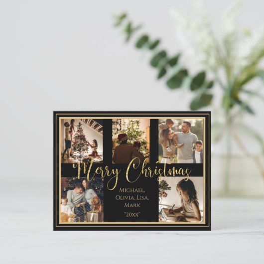 Merry Kerstmis 5 Photo Collage Gold Script Feestdagenkaart (Staand voorkant)