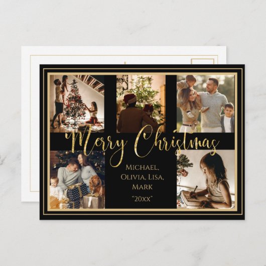 Merry Kerstmis 5 Photo Collage Gold Script Feestdagenkaart (Voorkant / Achterkant)