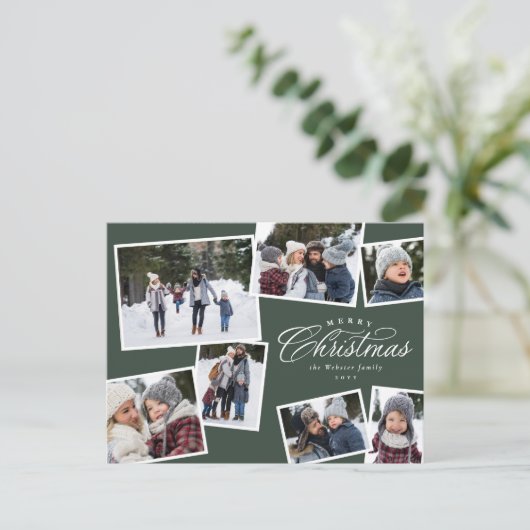 Merry Kerstmis 7 foto collage hunter green Feestdagenkaart (Staand voorkant)