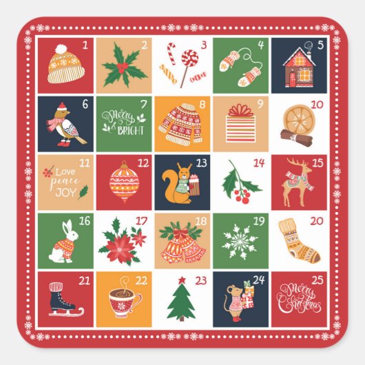Merry Kerstmis Advent Calendar Poinsettia Red Vierkante Sticker (Voorkant)