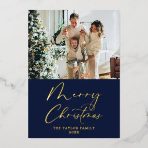 Merry Kerstmis Afbeelding Navy Blue met Gold Folie Feestdagenkaart