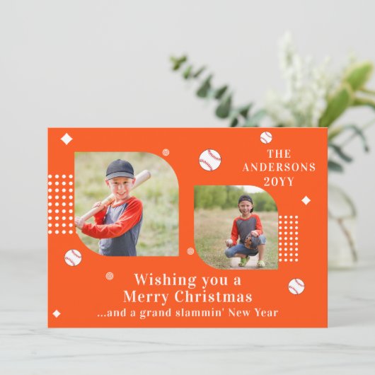Merry Kerstmis Baseball Sport 2 Foto Familienaam (Staand voorkant)