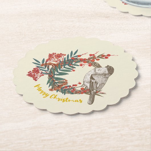 Merry Kerstmis Bird Wreath Kartonnen Onderzetters (Gekanteld)