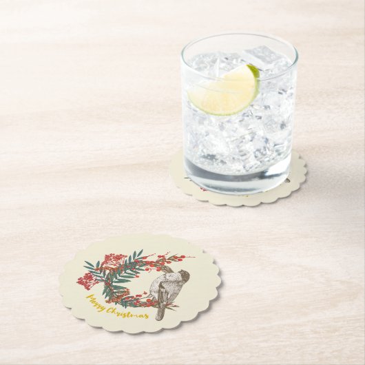 Merry Kerstmis Bird Wreath Kartonnen Onderzetters (Insitu)