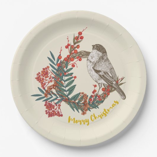 Merry Kerstmis Bird Wreath Papieren Bordje (Voorkant)