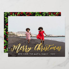 Merry Kerstmis Black Botanical One Photo Holiday Folie Uitnodiging