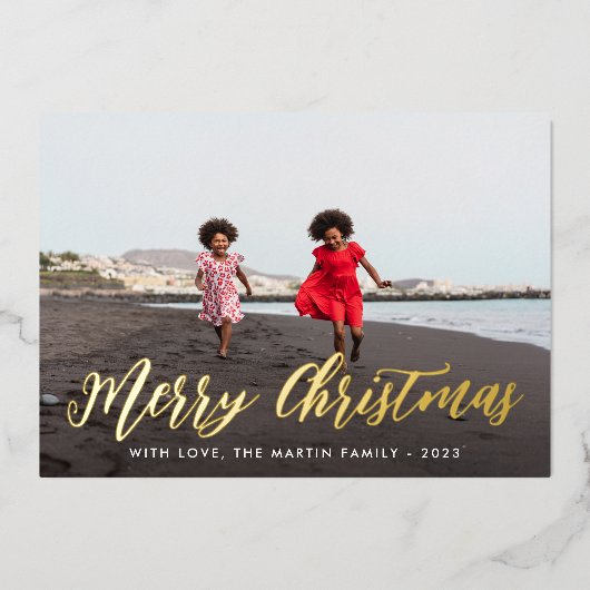 Merry Kerstmis Black Botanical One Photo Holiday Folie Uitnodiging (Voorkant)