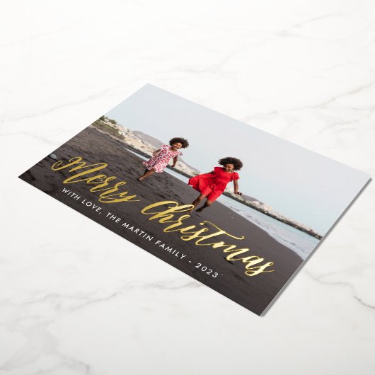 Merry Kerstmis Black Botanical One Photo Holiday Folie Uitnodiging (Gedraaid)