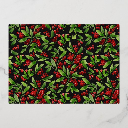 Merry Kerstmis Black Botanical One Photo Holiday Folie Uitnodiging (Achterkant)