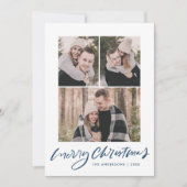 Merry Kerstmis Blauw Manuscript 3 Foto Collage Feestdagenkaart (Voorkant)