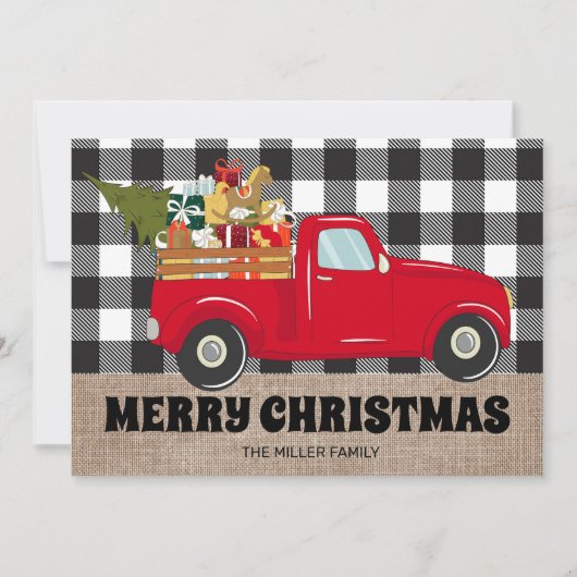 Merry Kerstmis Burlap Buffalo Pset Truck Photos Feestdagenkaart (Voorkant)
