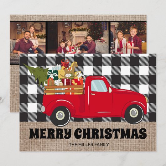 Merry Kerstmis Burlap Buffalo Pset Truck Photos Feestdagenkaart (Voorkant / Achterkant)