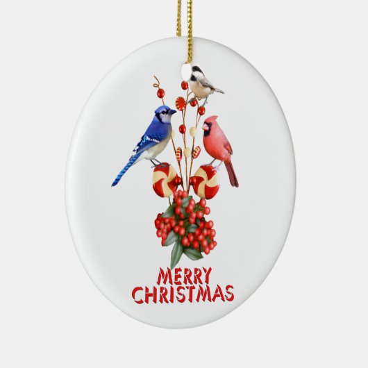 Merry Kerstmis Cardinale Blue Jay Chickadee Keramisch Ornament (Rechts)
