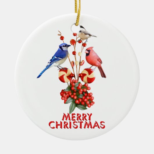 Merry Kerstmis Cardinale Blue Jay Chickadee Keramisch Ornament (Voorkant)