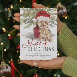 Merry Kerstmis Cute Yorkshire Terrier Waterverf Feestdagenkaart