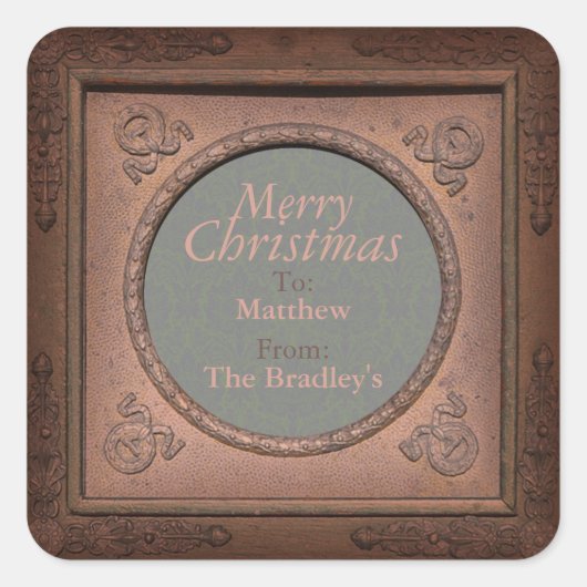 Merry Kerstmis  Damask Lijst gepersonaliseerd Vierkante Sticker (Voorkant)