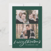 Merry Kerstmis donkergroen script 3 Foto Collage Feestdagenkaart (Voorkant)