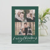 Merry Kerstmis donkergroen script 3 Foto Collage Feestdagenkaart (Staand voorkant)