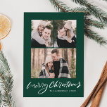 Merry Kerstmis donkergroen script 3 Foto Collage Feestdagenkaart<br><div class="desc">Stuur warme vakantiewensen naar familie en vrienden met een eenvoudige vakantiefotokaart van Late Bloom Paperie! De moderne kerstkaart is voorzien van 3 van uw favoriete foto's met "Merry Christmas" weergegeven in een wit handgeschreven script met een donkergroene achtergrond. Personaliseer de voorkant van de fotokaart door jouw naam en jaar toe...</div>