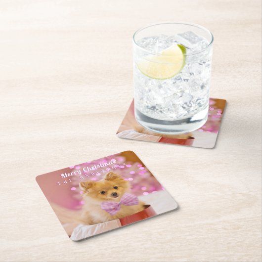 Merry Kerstmis en naam personaliseren, Cute Dog/Tr Kartonnen Onderzetters (Insitu)