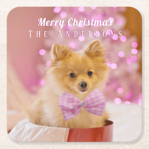 Merry Kerstmis en naam personaliseren, Cute Dog/Tr Kartonnen Onderzetters