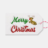 Merry Kerstmis Flying Reindeer Red script Cadeaulabel (Voorkant (Horizontaal))
